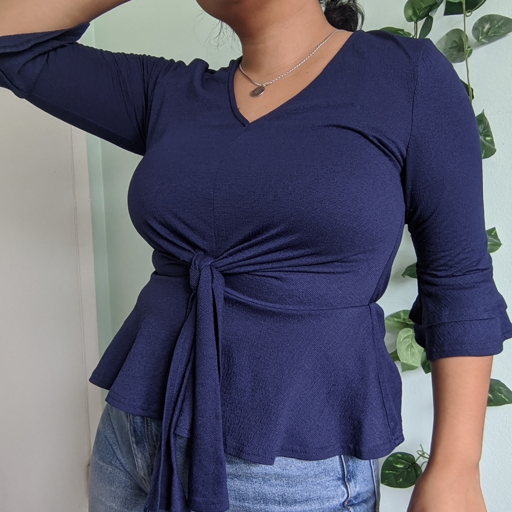 Navy Blue Bell Sleeve Blouse